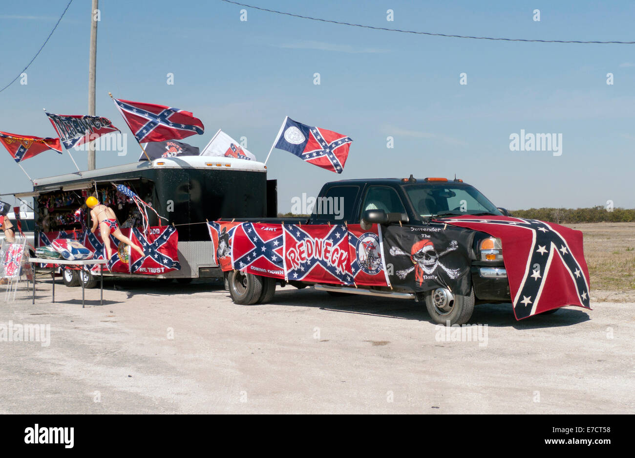Truck and trailer selling Confederate flags and redneck paraphenalia Stock Photo