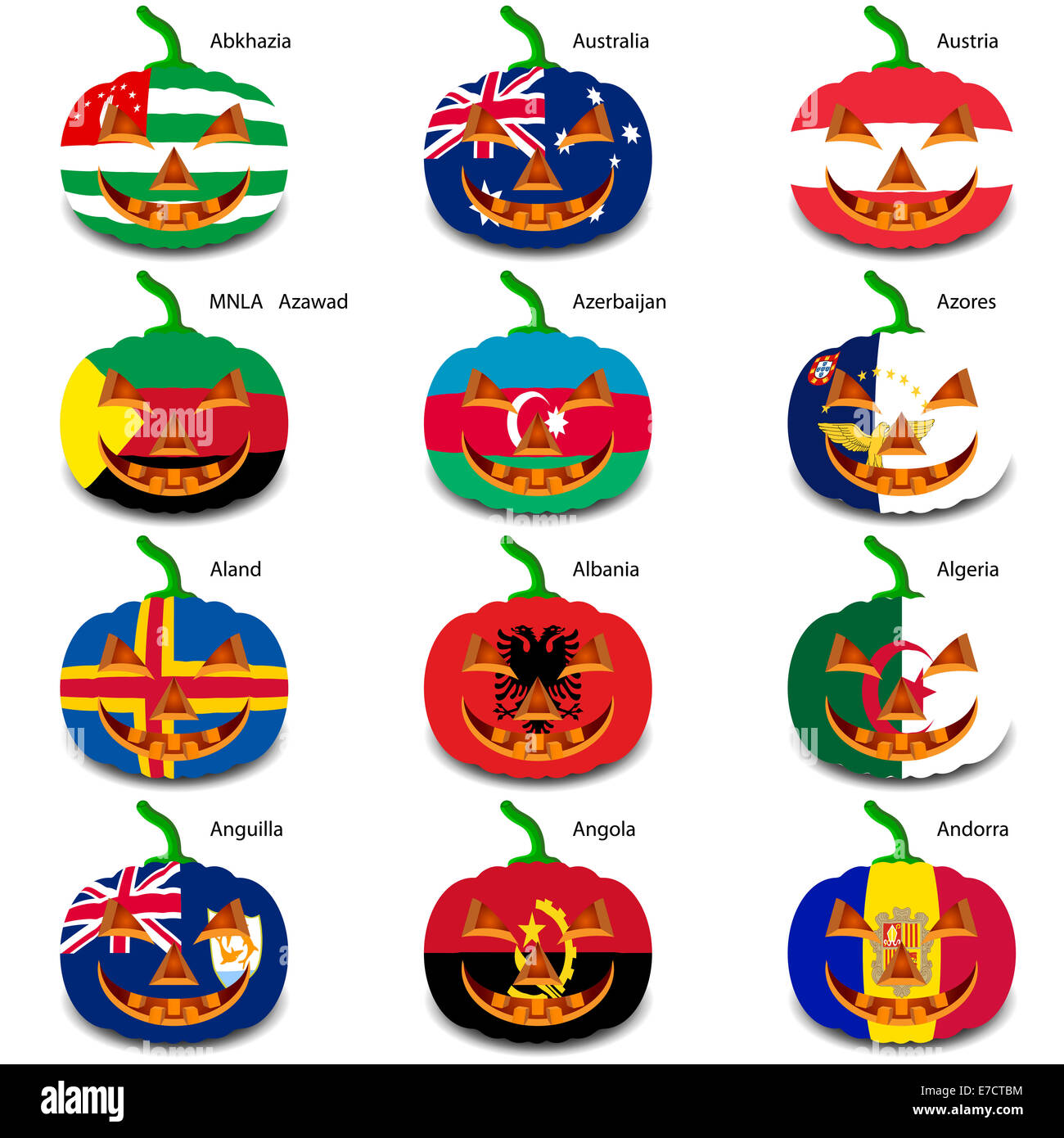 Set pumpkins for Halloween as a flags of the world. Vector illus Stock