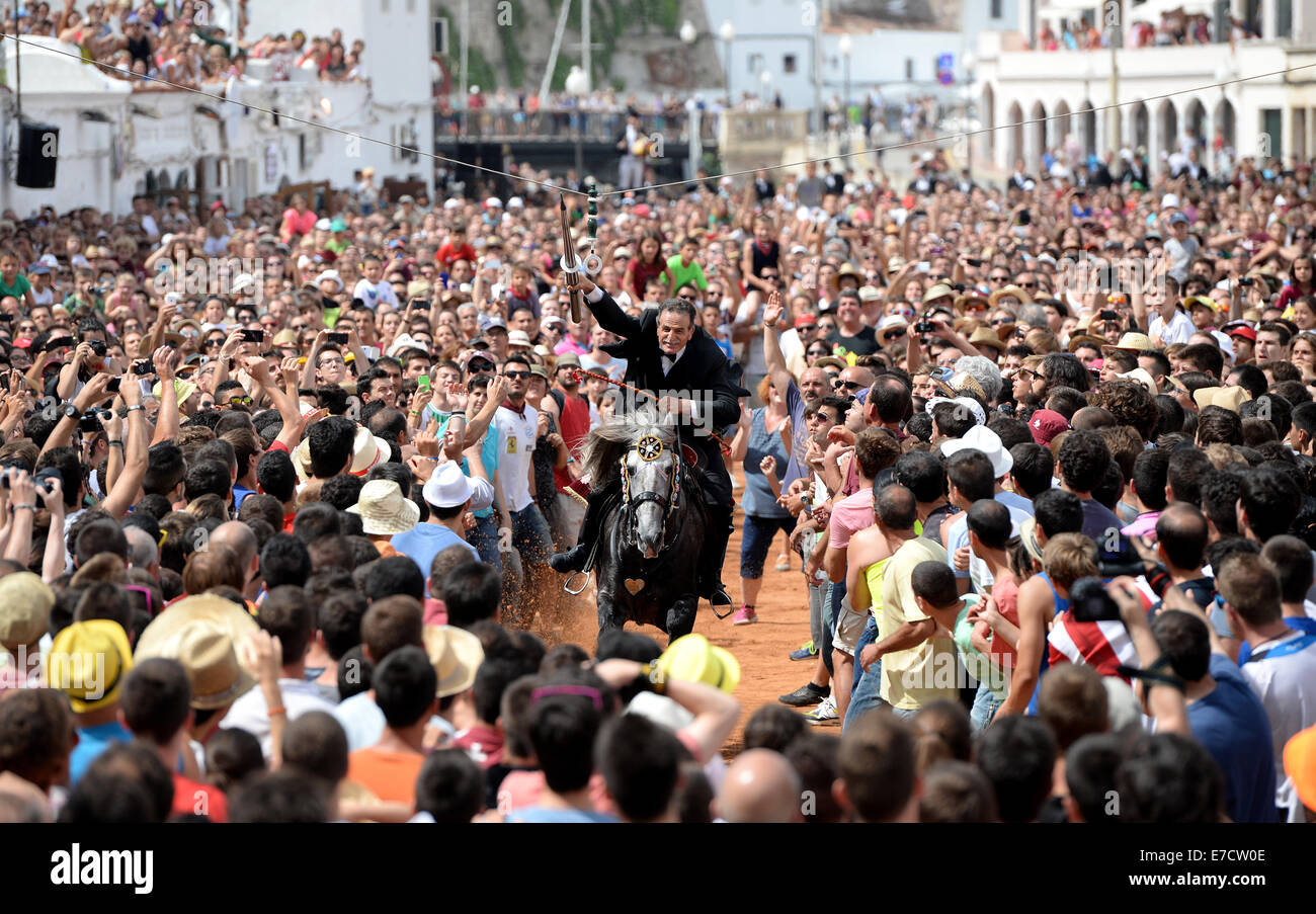 Tipical feast of horses in the town of Ciutadella in Menorca; in festivity of Sant Joan (St. John) June 24th. Stock Photo