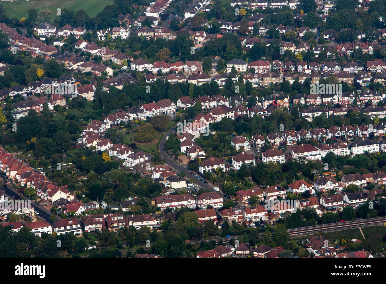 Aerial view of suburban housing in England showing showing streets and greenery Stock Photo
