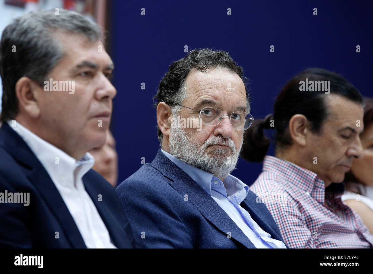 Thessaloniki, Greece, 13th September, 2014. Leader of the Greek Opposition party SYRIZA Alexis Tsipras delivers a press conference during his visit to the 79th TIF. Thessaloniki, Greece on September 13, 2014. Credit:  Konstantinos Tsakalidis/Alamy Live News Stock Photo