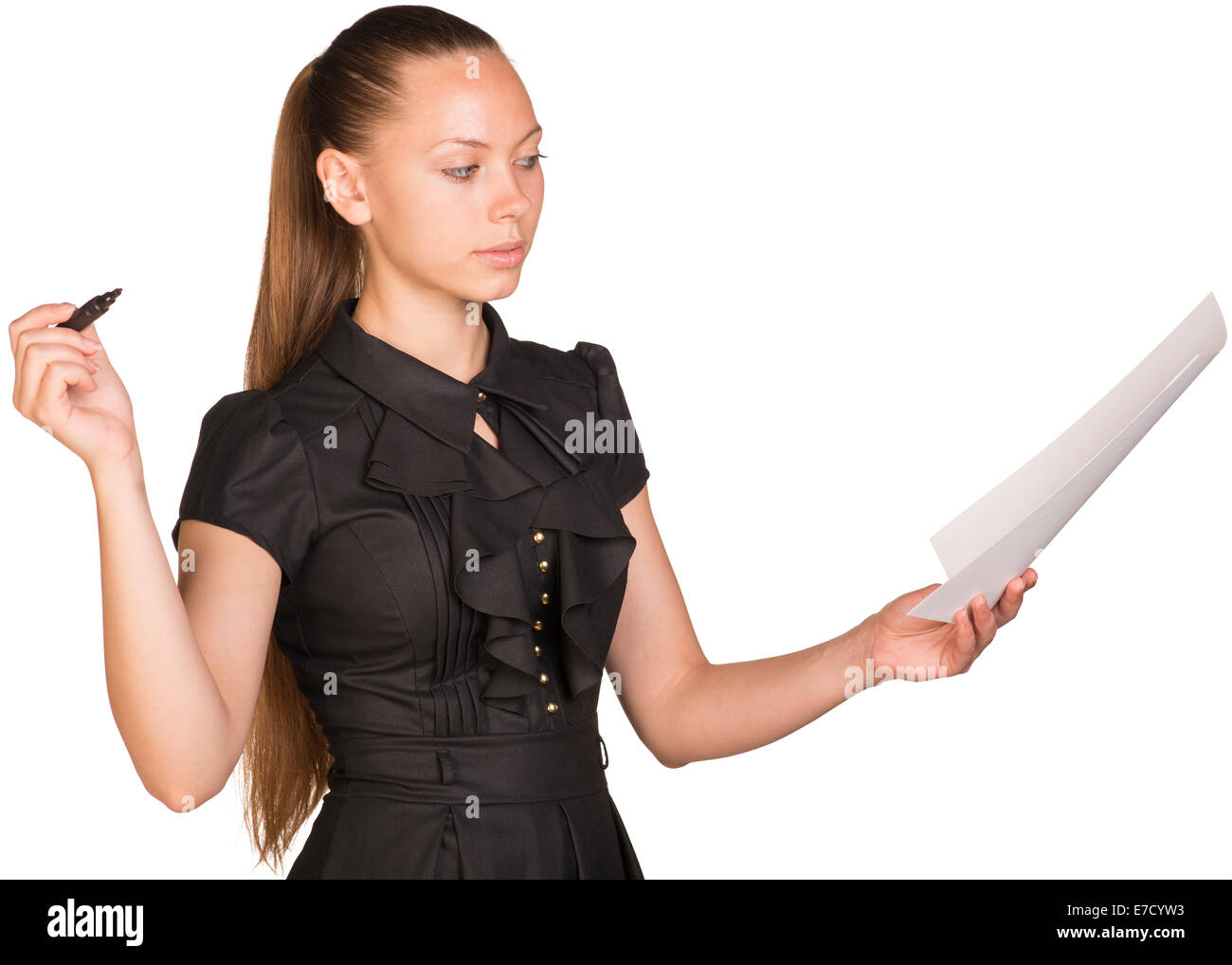 Young business woman hold pen and paper sheet Stock Photo - Alamy