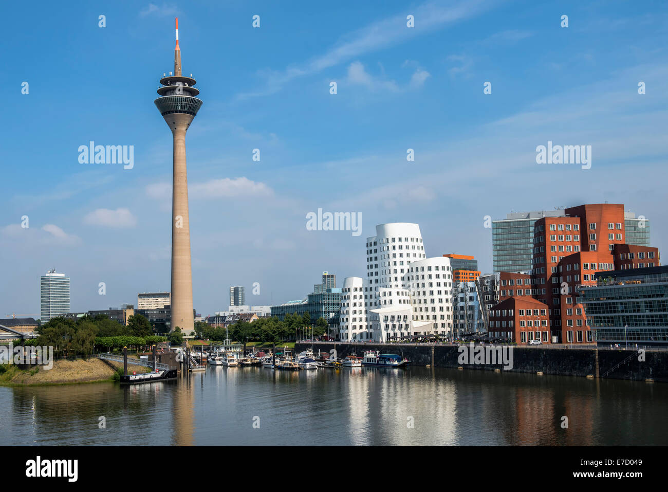 Media Harbour and Rheinturm, Düsseldorf, North Rhine Westphalia, Germany Stock Photo