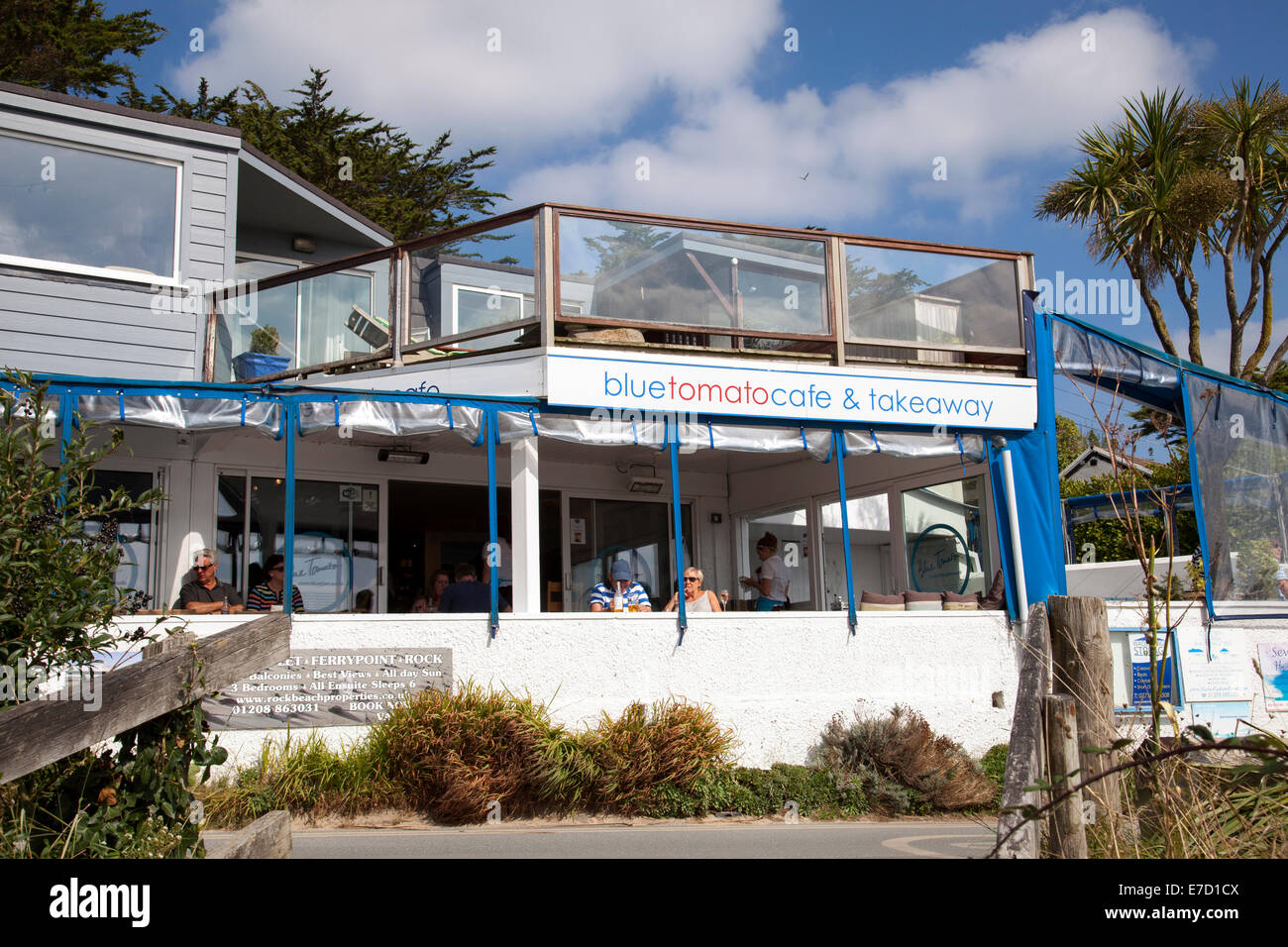 The Blue Tomato Café overlooking the beach in Rock, Cornwall, England, U.K. Stock Photo