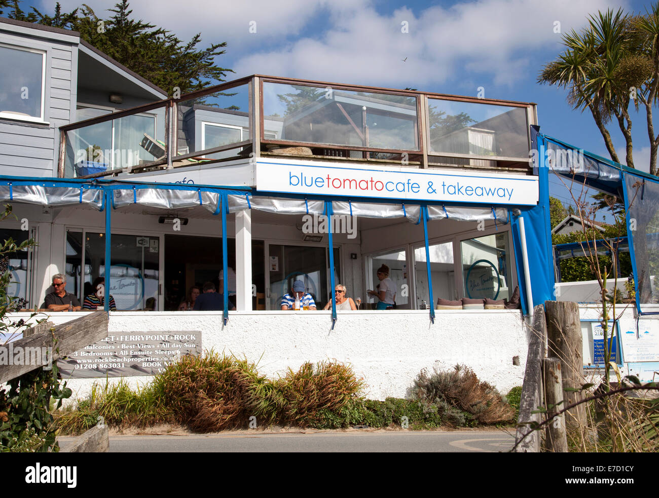 The Blue Tomato Café overlooking the beach in Rock, Cornwall, England, U.K. Stock Photo