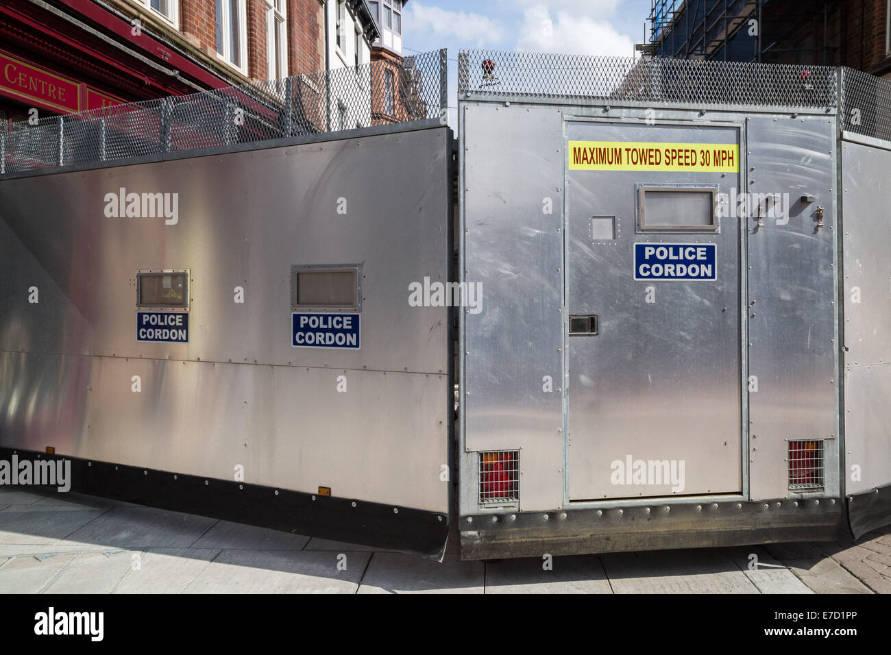 UK. 13th Sept, 2014.  Police steel crowd control barrier in Rotherham 2014 © Guy Corbishley/Alamy Live News Stock Photo