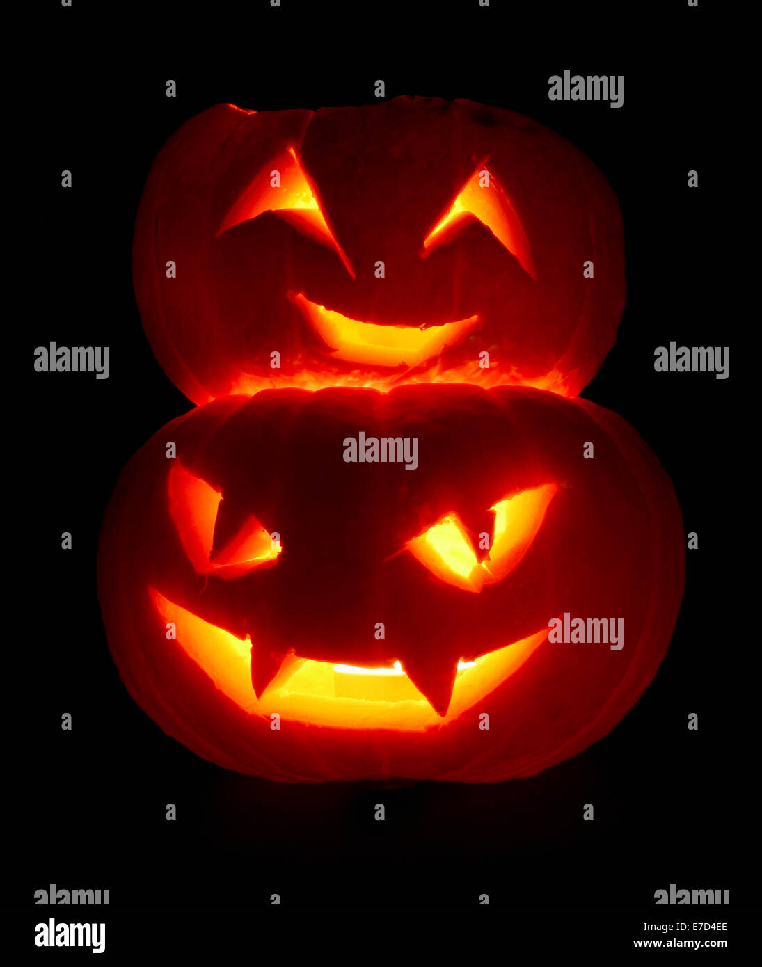 Illuminated cute halloween pumpkins isolated on black background Stock ...