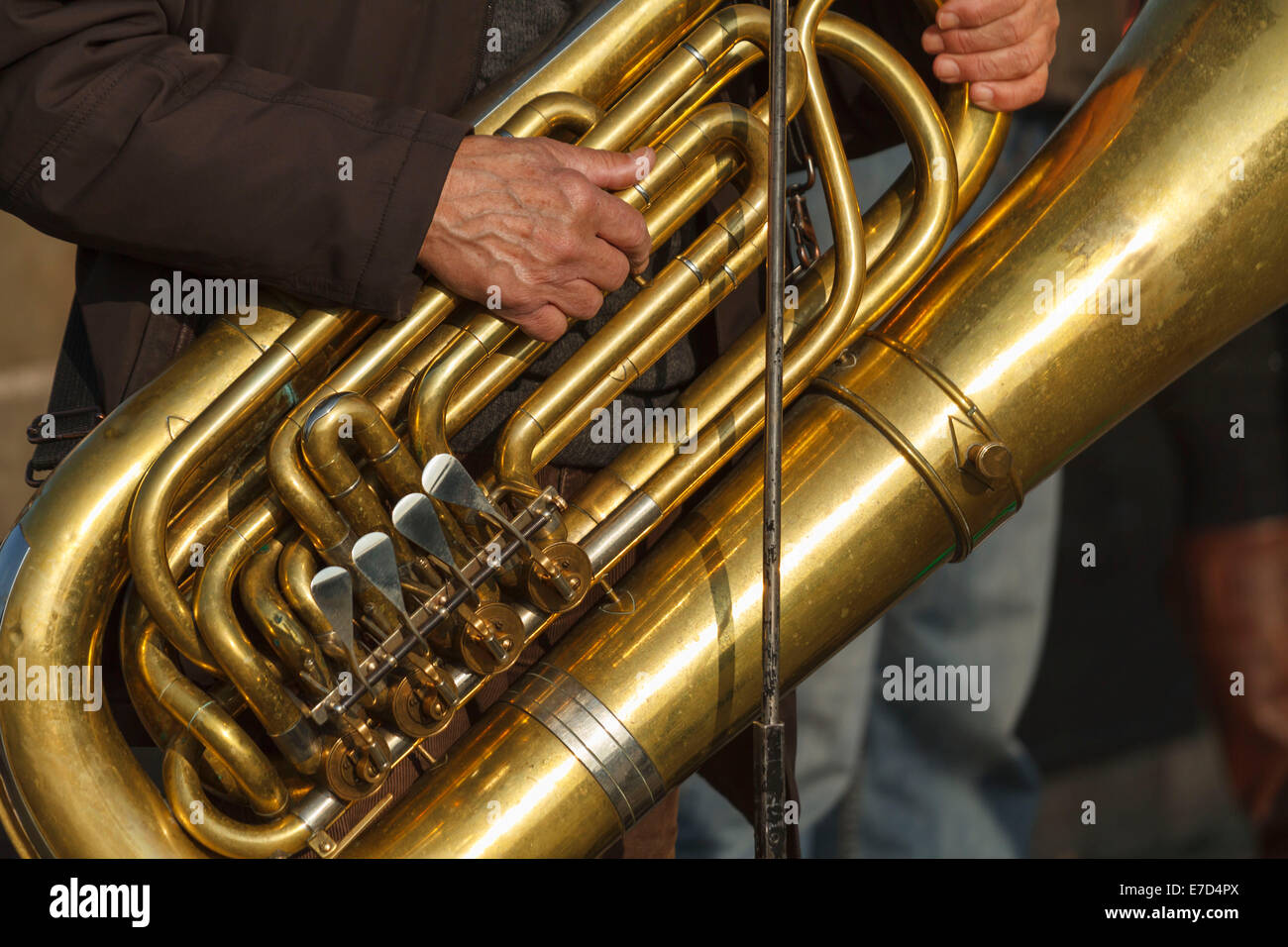 street performer musician detail tuba brass wind instrument Stock Photo