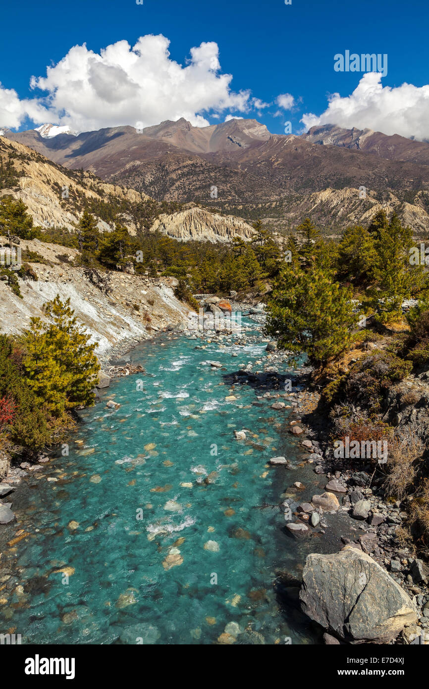 Mountain river in Himalayas, Annapurna Circuit trail in Nepal. Stock Photo