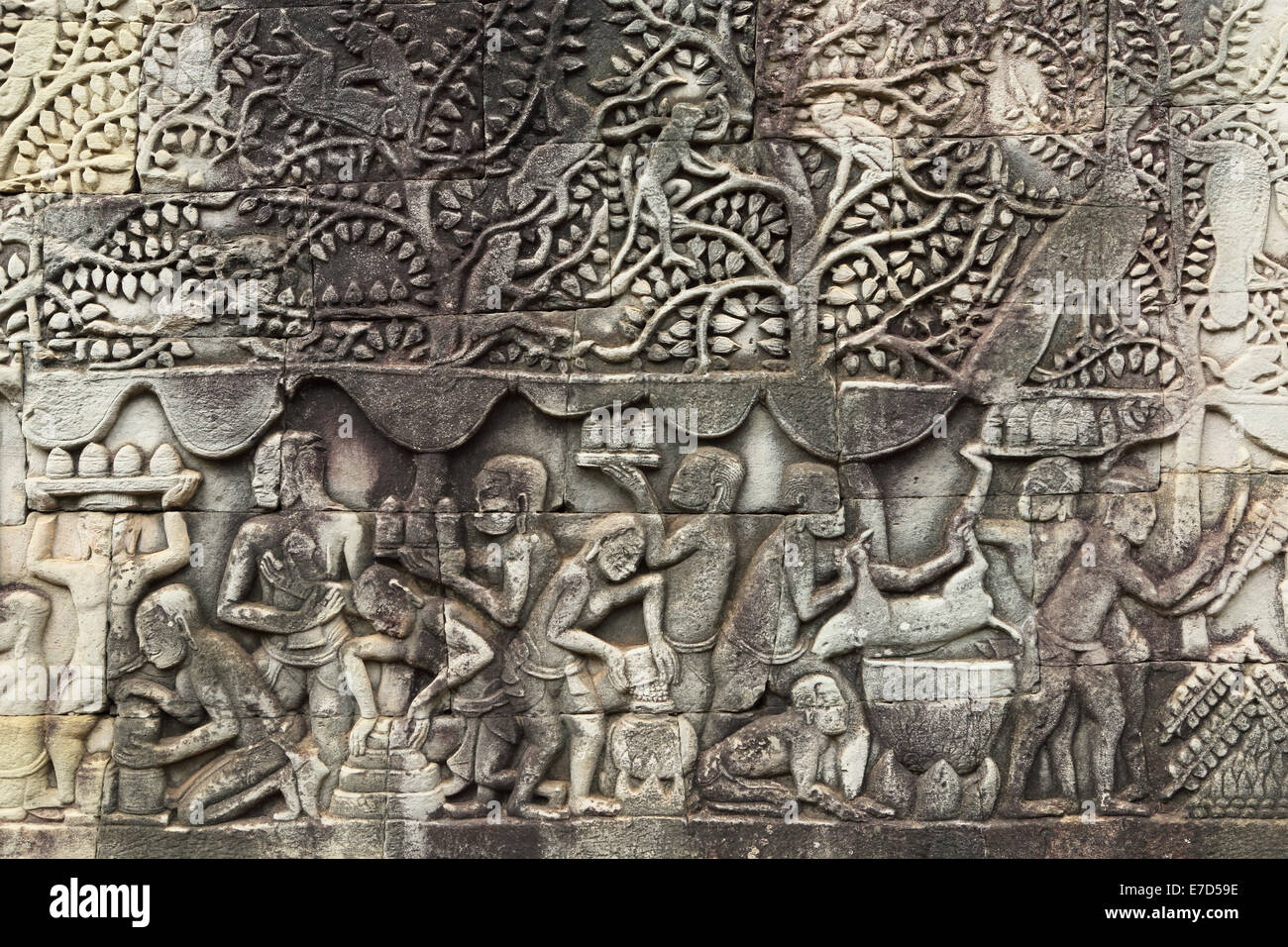 Bas relief panel at the Bayon temple, part of Angkor Wat in Siem Reap, Cambodia. Stock Photo