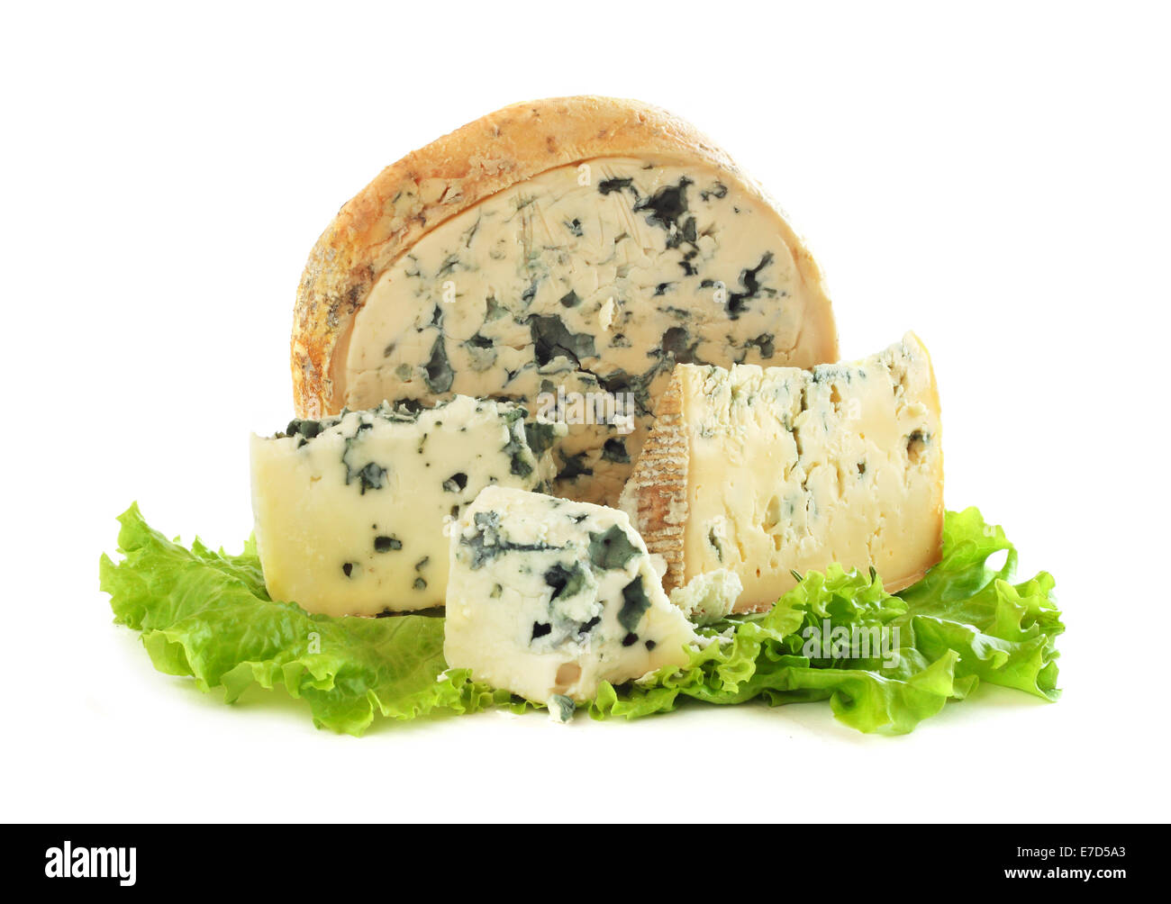 Various types of Roquefort cheese and salad isolated on white background Stock Photo