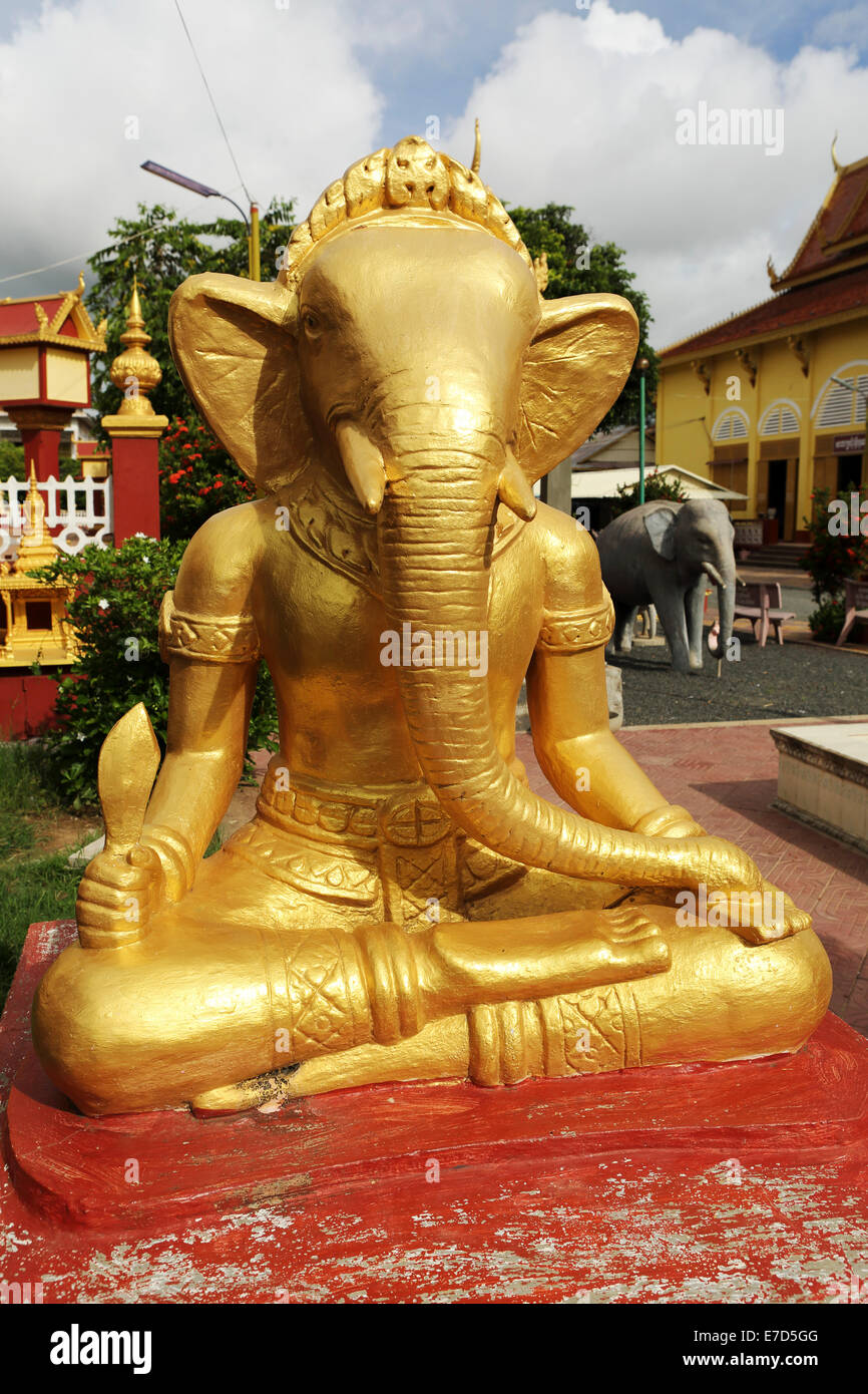 Golden Ganesh statue at Wat Dey Dos, Kampong Cham, Cambodia. The temple stands by the Mekong River. Stock Photo