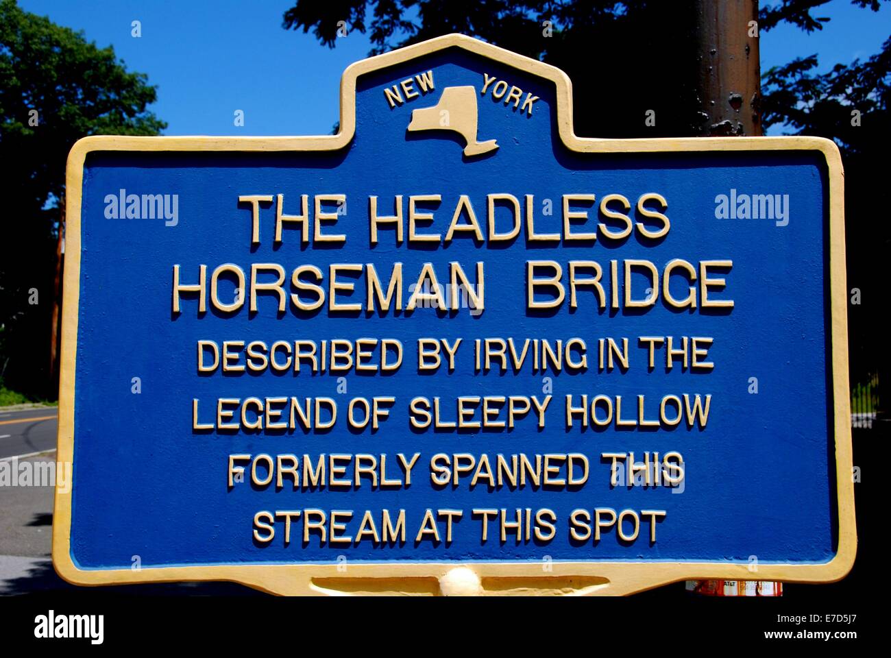 SLEEPY HOLLOW, NEW YORK State historic marker notes the bridge in Washington Irving's story THE