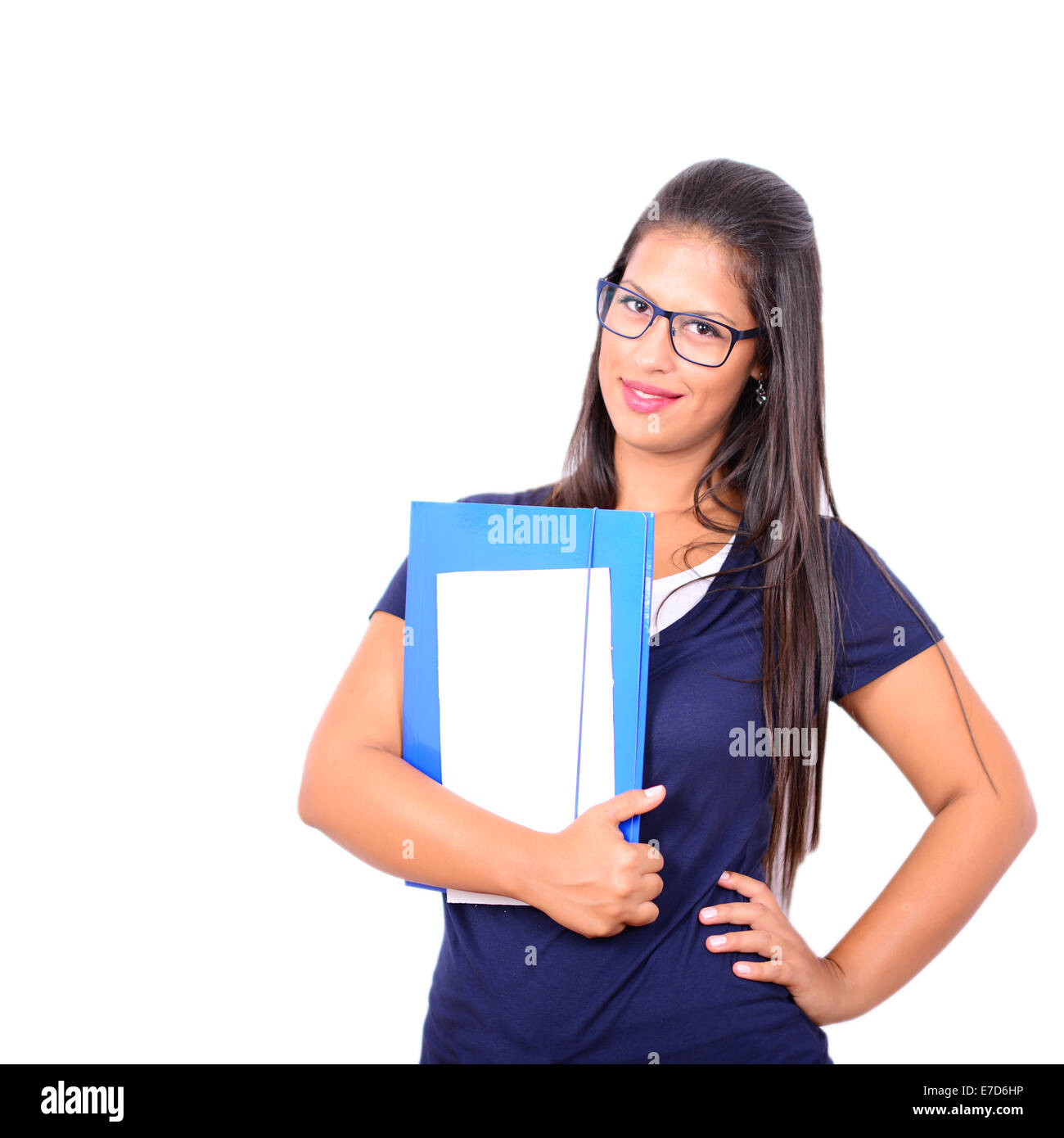 Portrait of smiling business woman with paper folder isolated on white ...