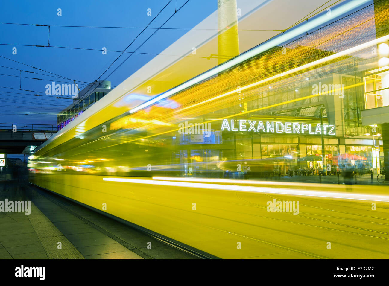Night view of Tram at Alexanderplatz in Mitte Berlin Germany Stock Photo