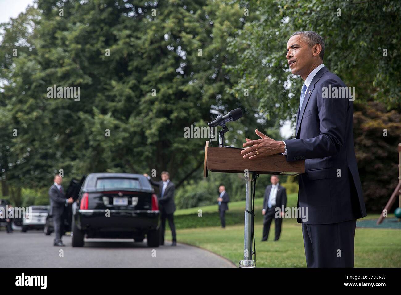US President Barack Obama delivers a statement on the situation in Ukraine, on the South Lawn of the White House July 21, 2014 in Washington, DC. Stock Photo