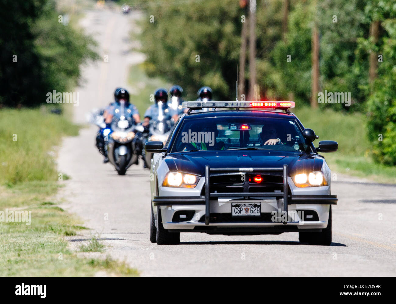 Colorado State Police cars & motorcycles, USA Pro Challenge bike race, Stage 3, central Colorado, USA Stock Photo