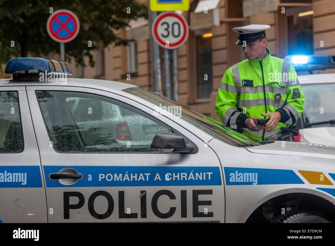 Czech traffic police officer, police car flashing light Prague Czech Republic Stock Photo