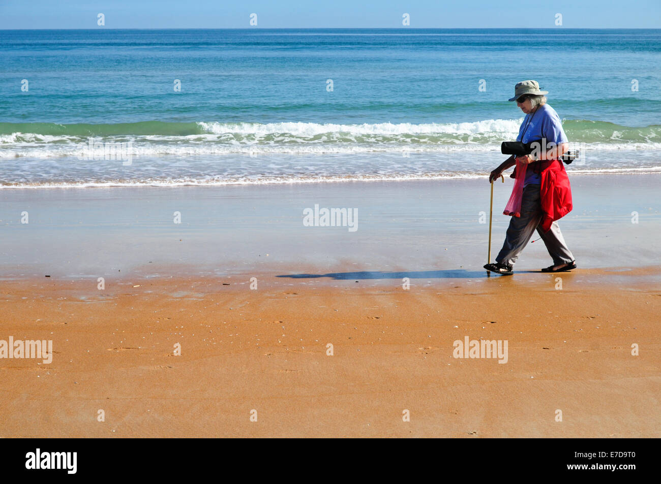 Woman walking along Ormond Beach looking for sea shells. She is carrying a walking stick, a chair and a bag for sea shells Stock Photo