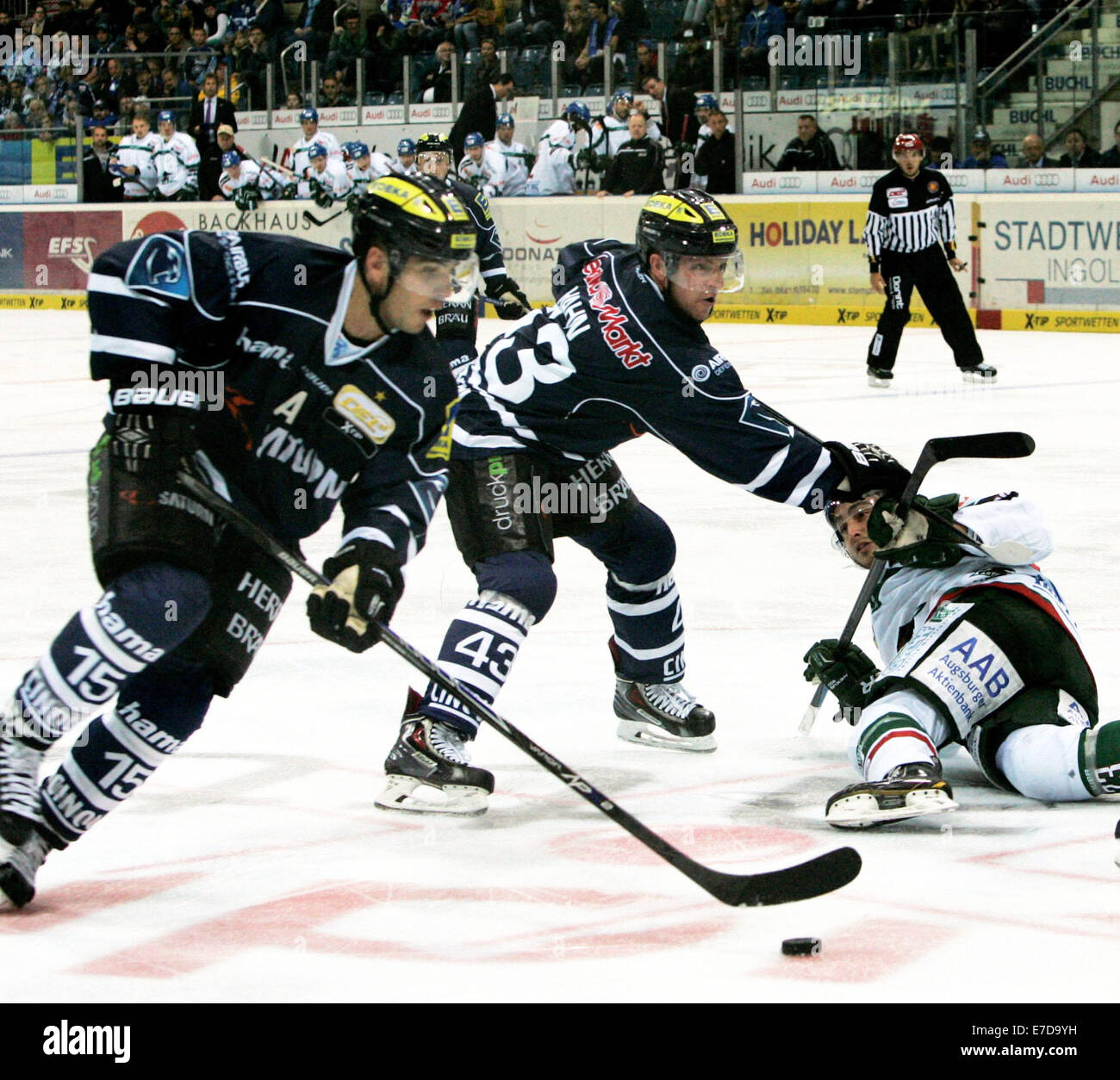 Ingolstadt. 14th Sep, 2014. from left 15John LALIBERTE/USA/Ingolstadt, 43 Derek HAHN/CAN/Ingolstadt, 23Luigi CAPORISSO/CAN/Augsburg, .ERCI Ingolstadt vs Augsburger Panther, .second match day, .Sept 14, 2014. Ingolstadt, Saturn-Arena, .from left .ERCI Ingolstadt vs Augsburger Panther, .second match day, .Sept 14, 2014. Ingolstadt, Saturn-Arena, Credit:  Wolfgang Fehrmann/Wolfgang Fehrmann/ZUMA Wire/Alamy Live News Stock Photo