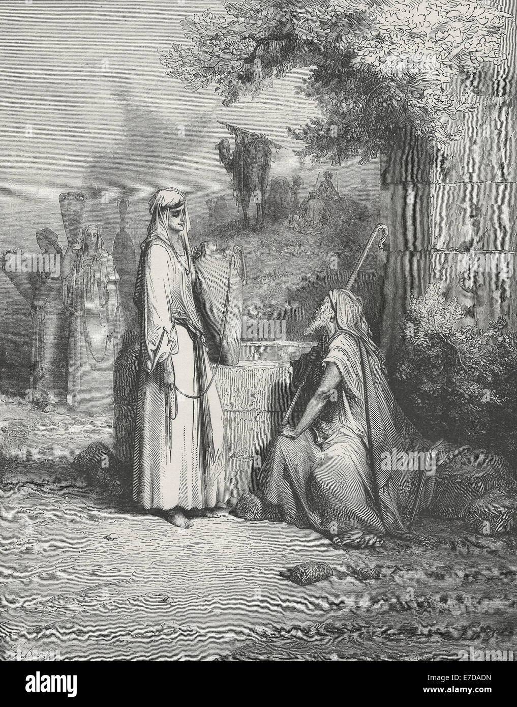 Eliezer and Rebecca at the well, Old Testament Stock Photo