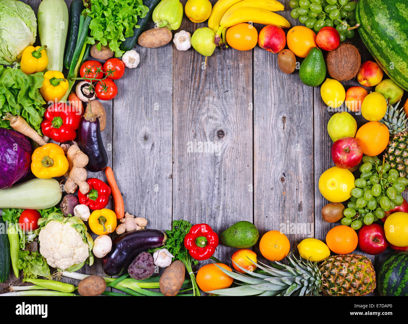 Collection of fresh Fruit and vegetables on wooden table in form of frame -  High quality studio shot Stock Photo - Alamy