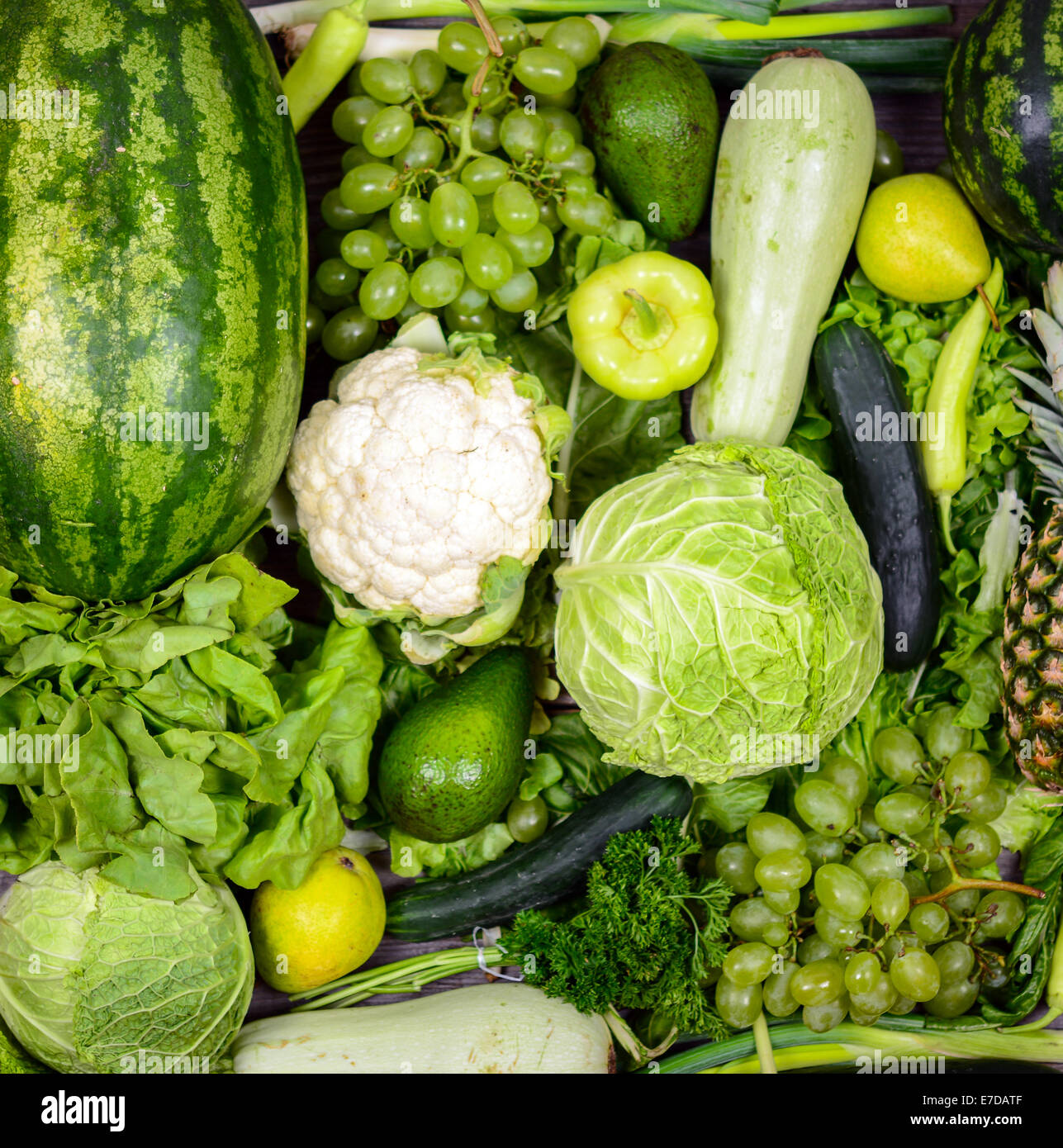 Huge group of fresh green fruit and vegetables - Concept of healthy green food Stock Photo