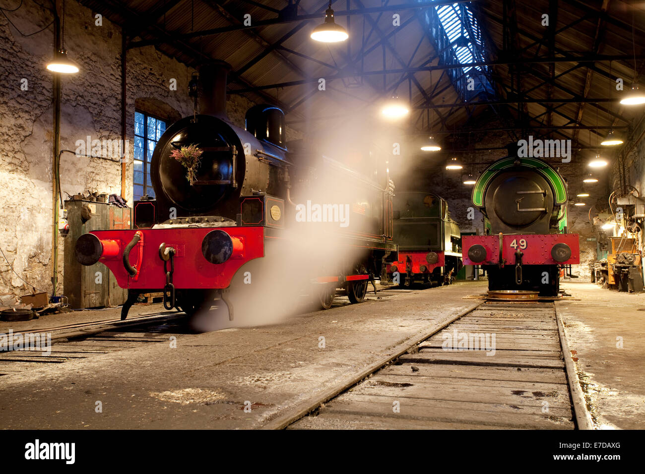 Steam engines at the engine shed at Tanfield Railway near Gateshead in