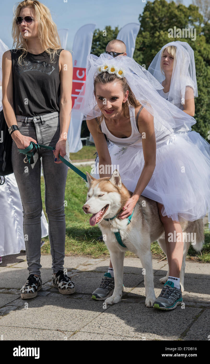 Warsaw, Poland. 15th September, 2014. Participant of the first Polish Wedding Dress Run in Agrykola Park in Warsaw. The collected money from charity run will cover cost of rehabilitation of Julia Torla (Miss Wheelchair 2014 in Poland) who is disabled due to serious back injury after car accident. Credit:  kpzfoto/Alamy Live News Stock Photo