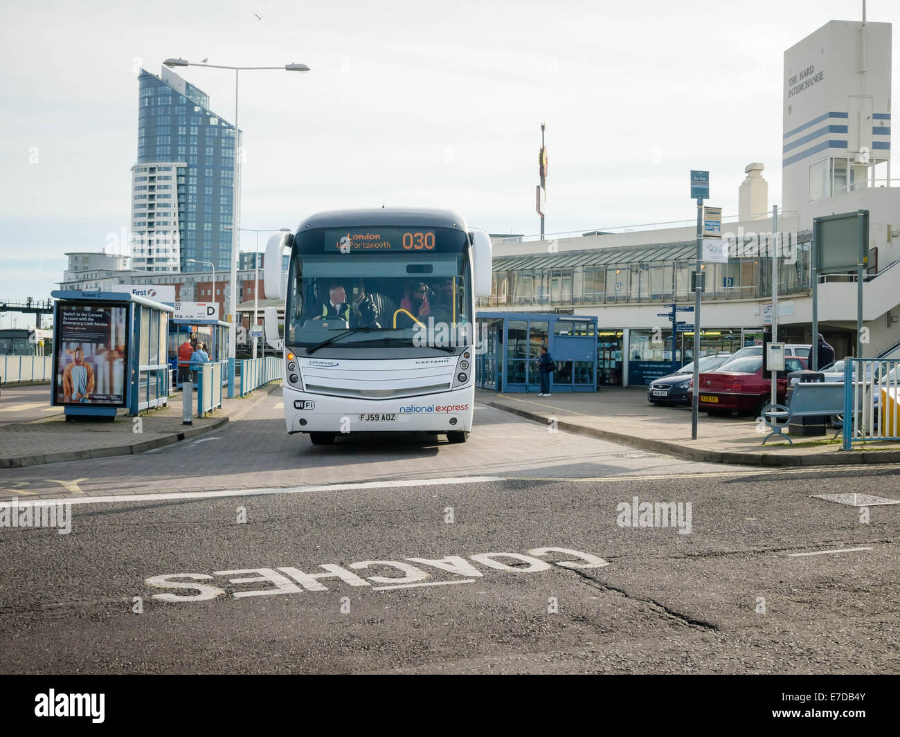 A National Express bus on the Hard interchange, Portsmouth, England ...