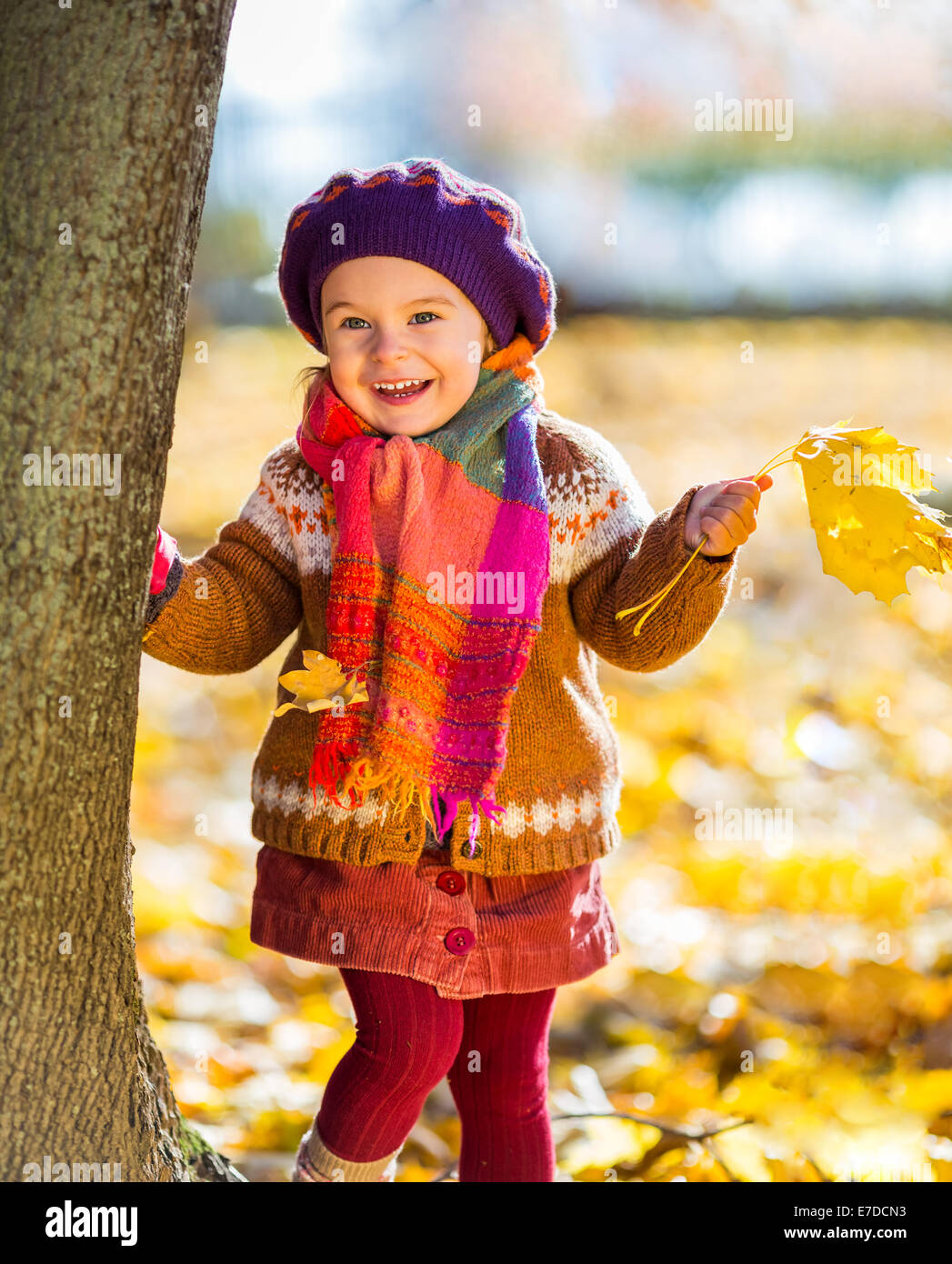 Happy little girl playing in the autumn park Stock Photo - Alamy