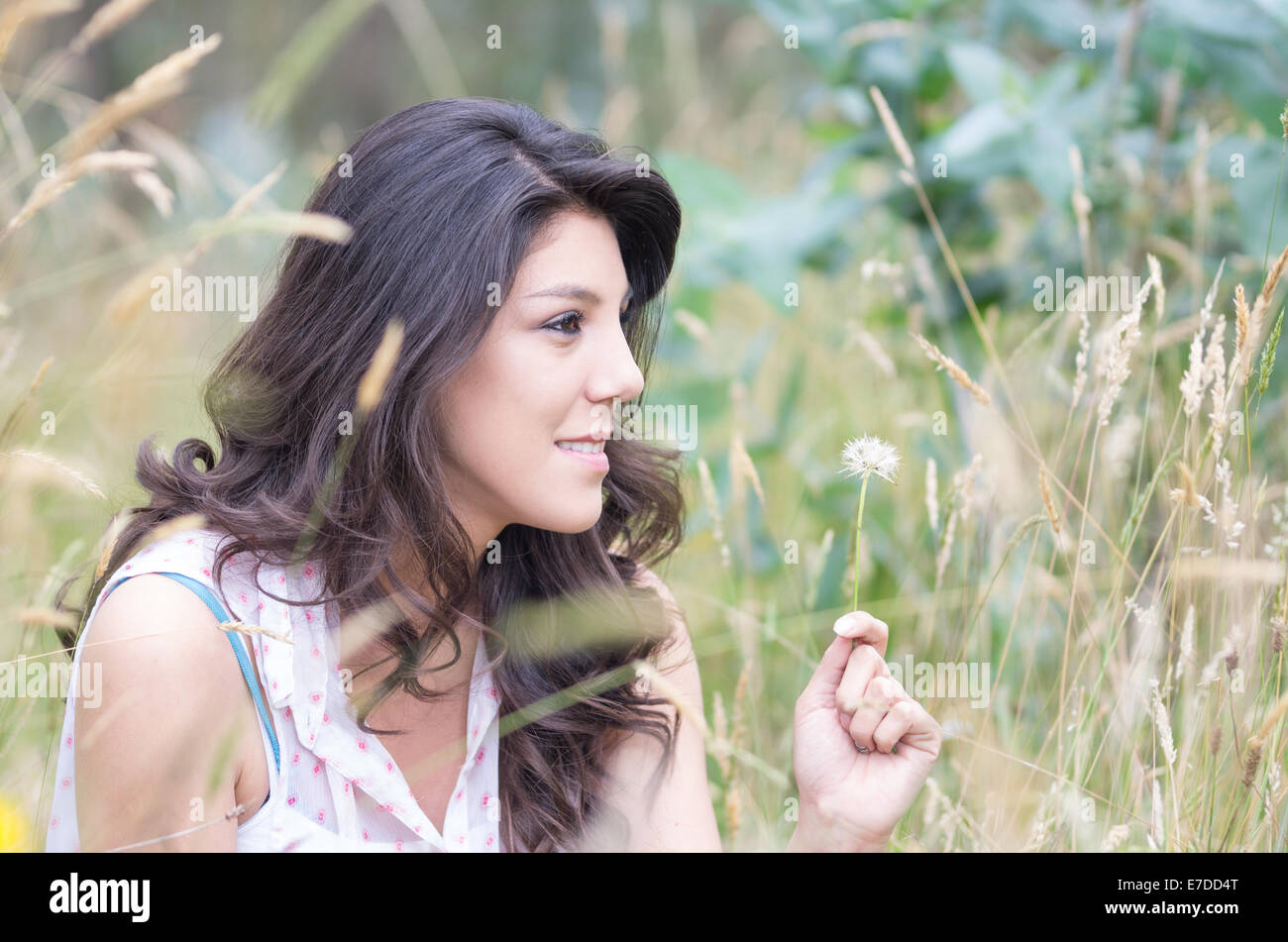 pretty young girl sitting in a field Stock Photo - Alamy