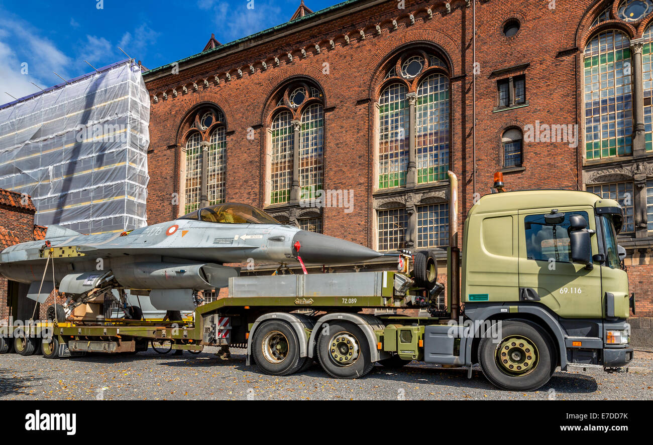 Danish F-16 Fighter Jet on a truck, Copenhagen, Denmark Stock Photo