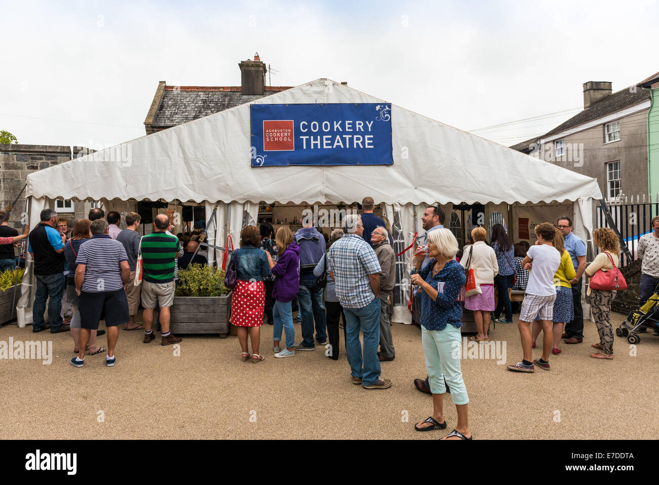 Ashburton Food & Drink Festival and the Ashburton Cookery Theatre marquee with people waiting outside to go in. Stock Photo