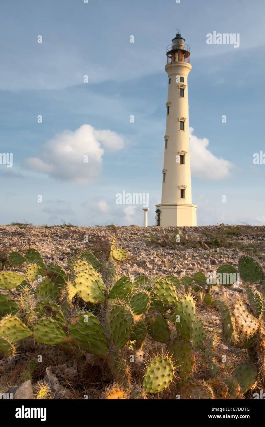 Sunrise illuminates the California Lighthouse located on the northern tip of Aruba. Stock Photo