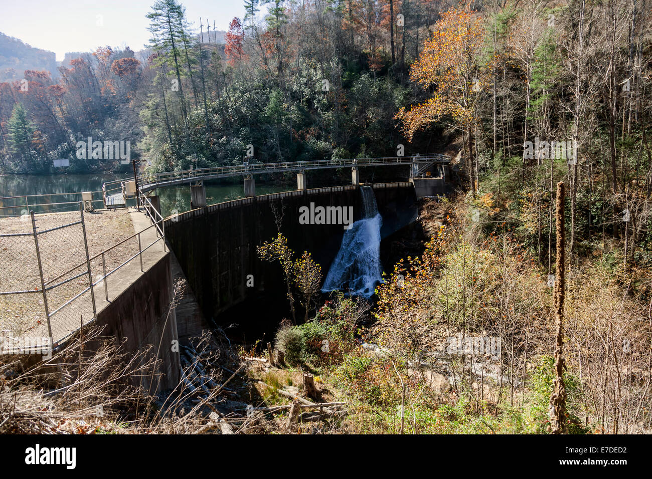 Tuckasegee Lake dam spillway in the West Fork Tuckasegee River along scenic route NC 107 in mountains of SW North Carolina, USA Stock Photo