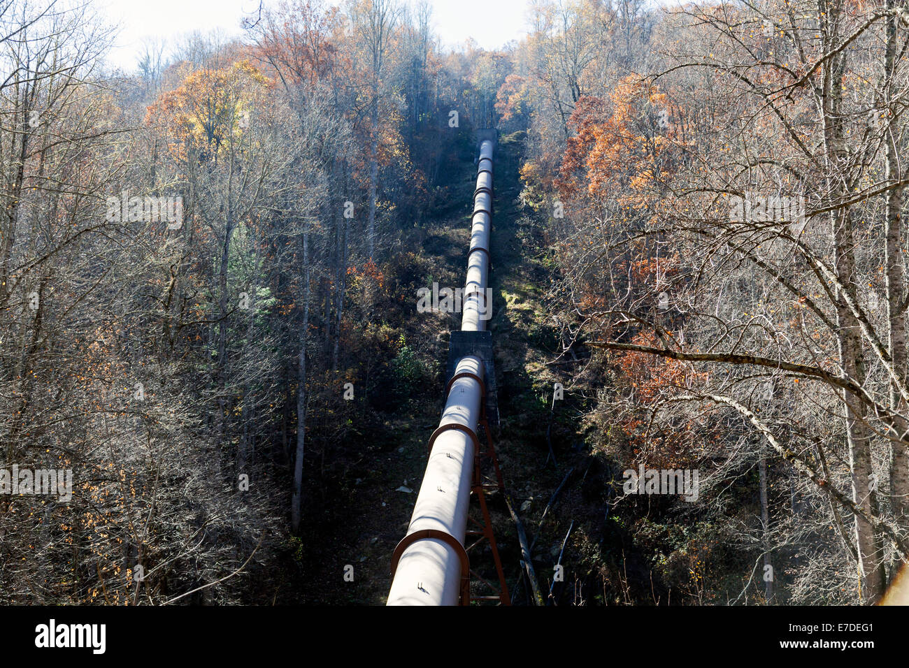 Water supply aqueduct in the mountains near Glenville, North Carolina along scenic highway NC 107, USA. Stock Photo
