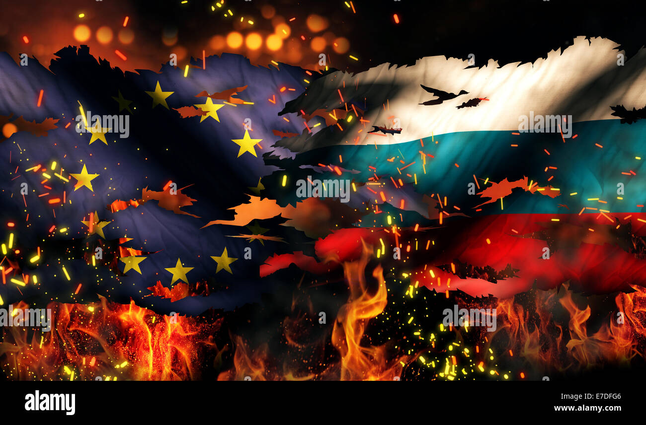Europe Russia Flag War Torn Fire International Conflict 3D Stock Photo