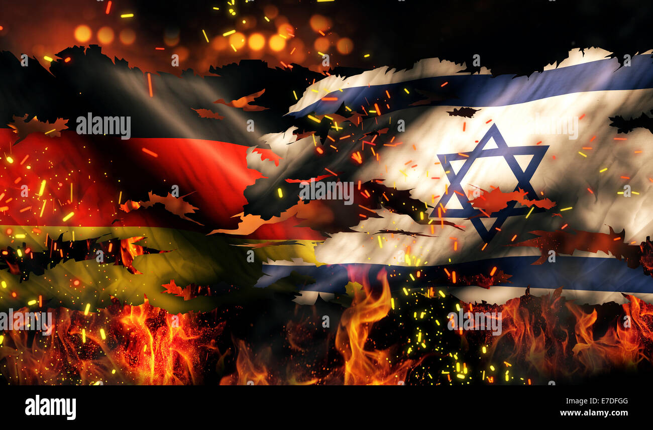 Germany Israel Flag War Torn Fire International Conflict 3D Stock Photo