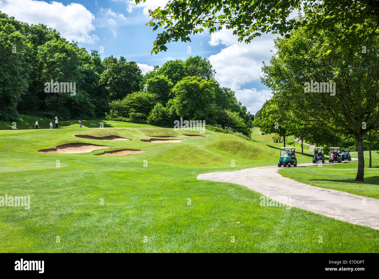 A bunker and putting green with flagstick and hole on a typical golf ...