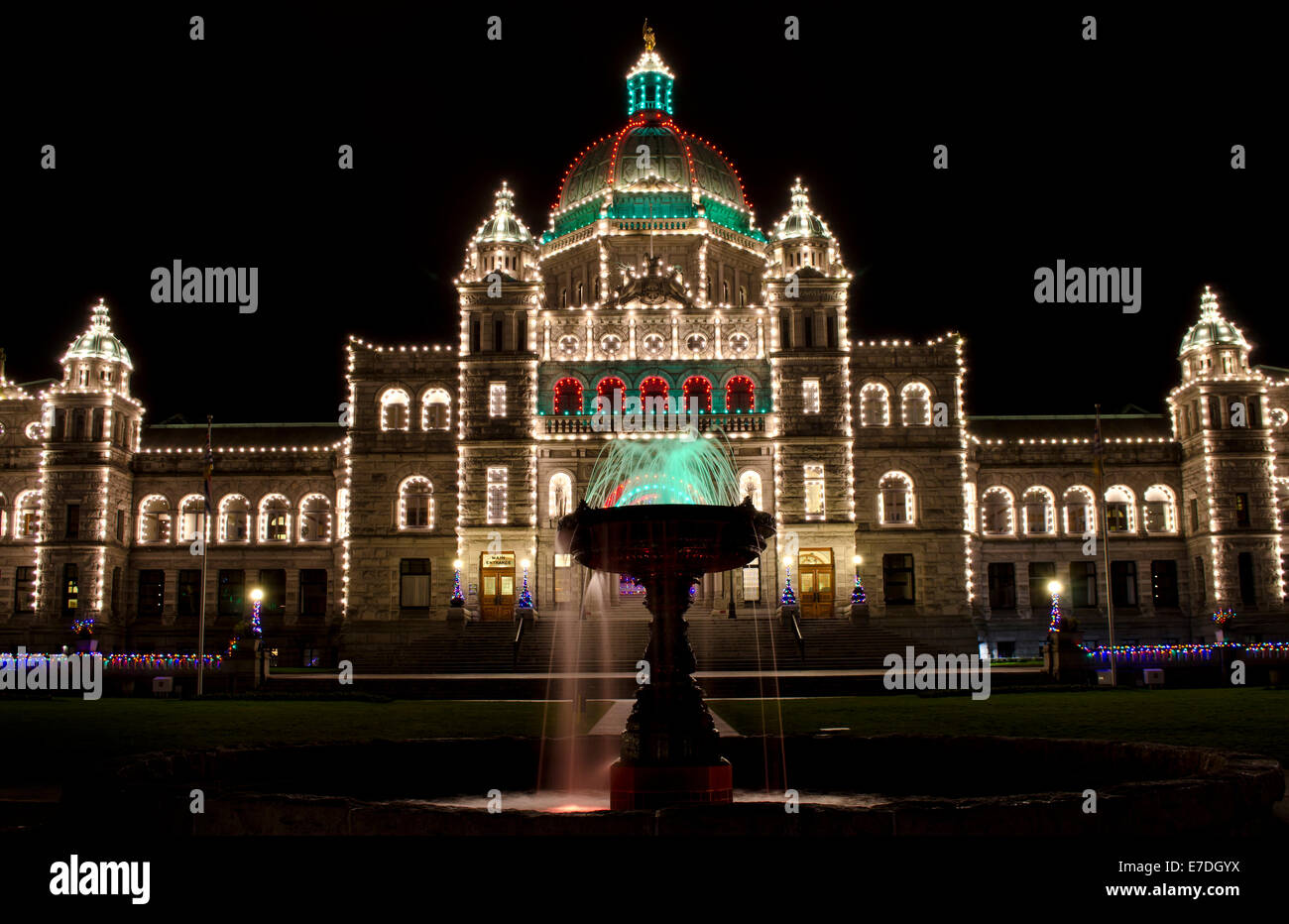 Victoria, BC, Canada provincial Parliament buildings with Christmas lights at night. Provincial capital on Vancouver Island. Victoria British Columbia Stock Photo
