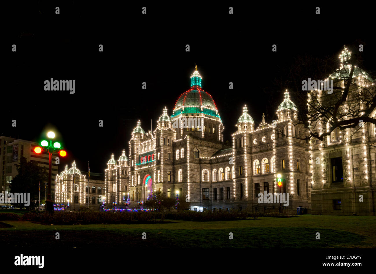 Victoria, BC, Canada provincial Parliament buildings with Christmas lights at night. Provincial capital on Vancouver Island. Victoria British Columbia Stock Photo