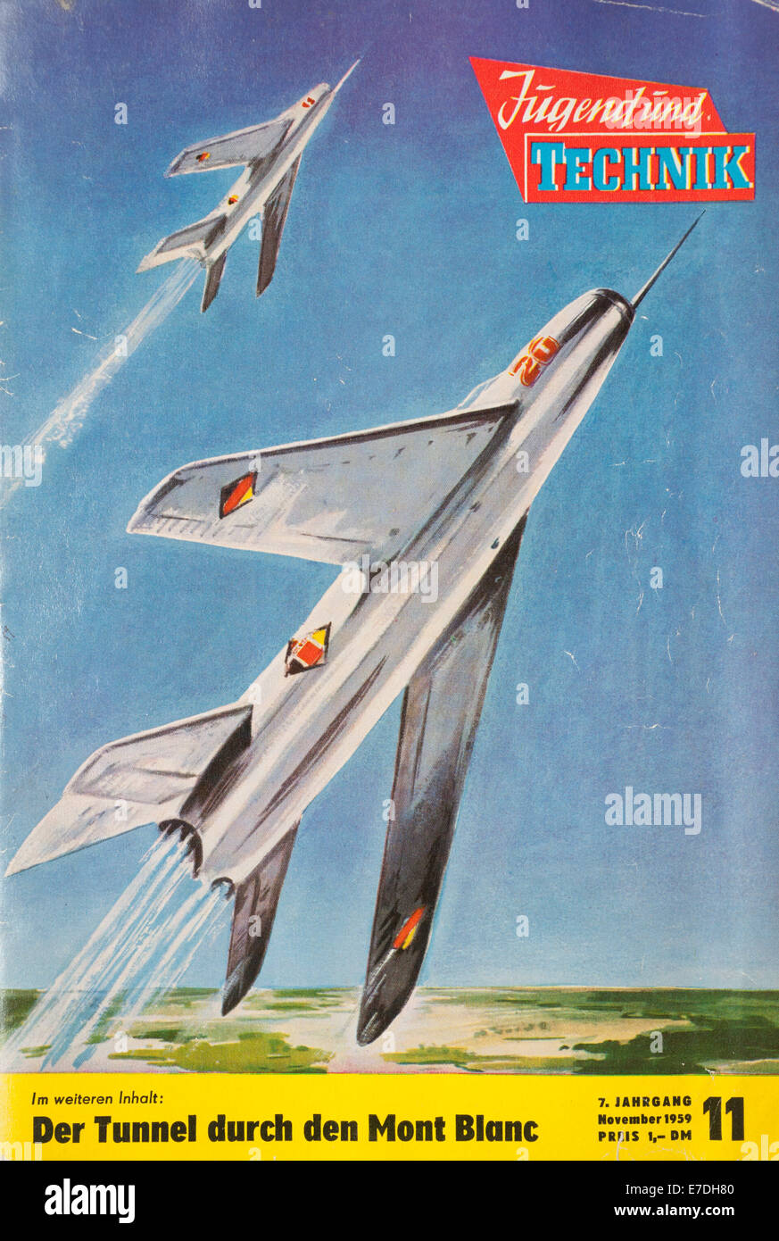 The cover illustration of the November 1959 edition of the magazine 'Youth  and Technology' shows two Russian MIG 21 supersonic jet fighter aircraft.  The MIG 21 is the most-produced combat aircraft in