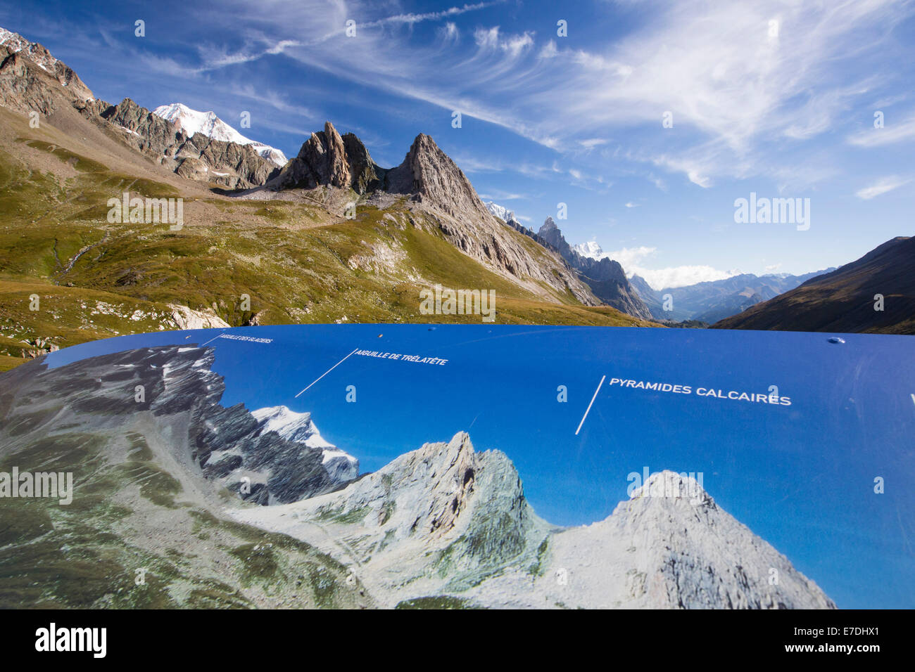 A photo board on a visitor centre in the Vallon de la Lex Blanche below Mont Blanc, Italy, on the Tour de Mont Blanc long distance footpath. Stock Photo