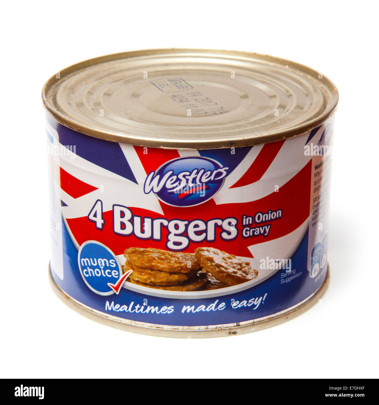 Tinned burgers in gravy isolated on a white studio background Stock Photo