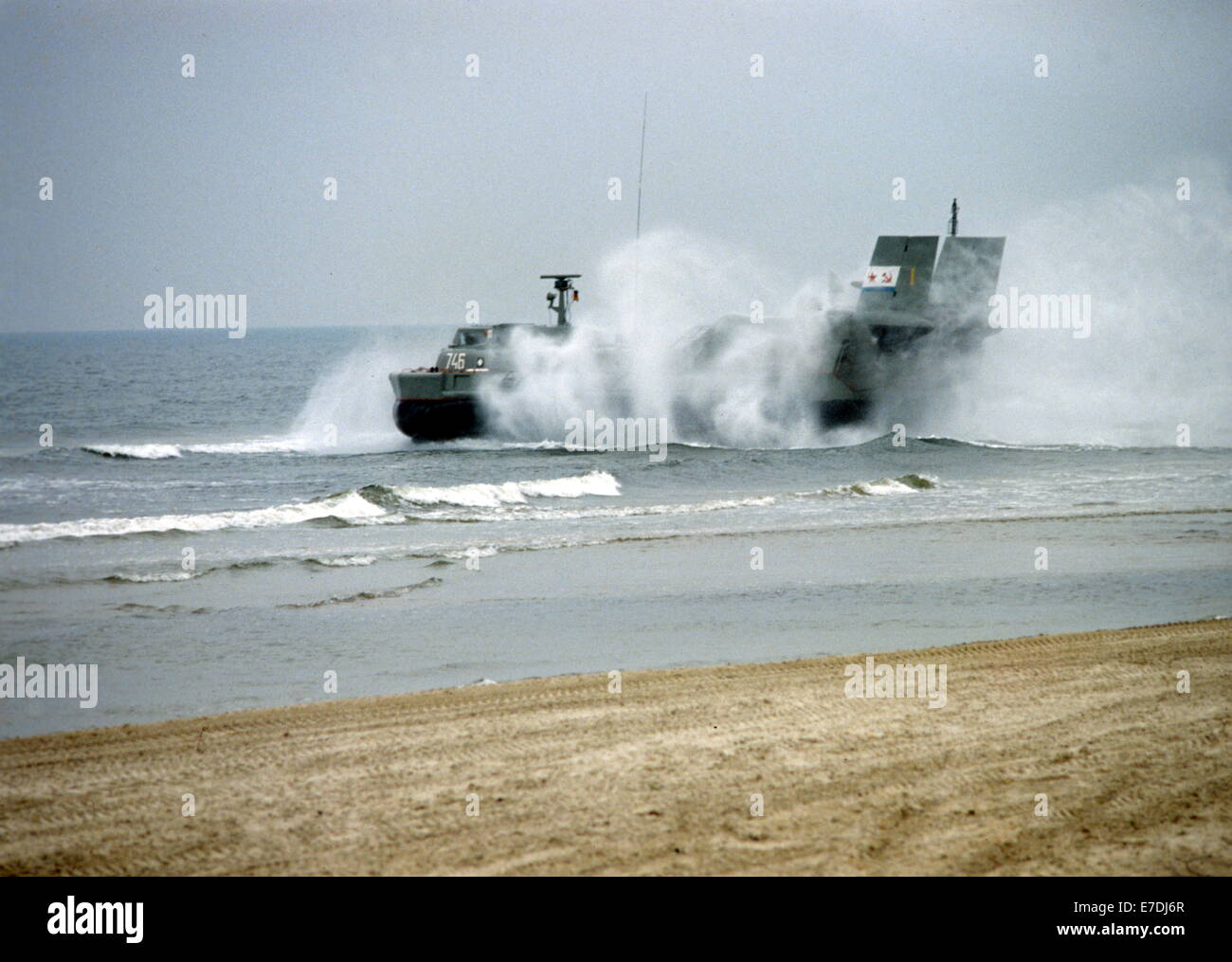 An air cushion boat of the Soviet Baltic Fleet conducts a landing