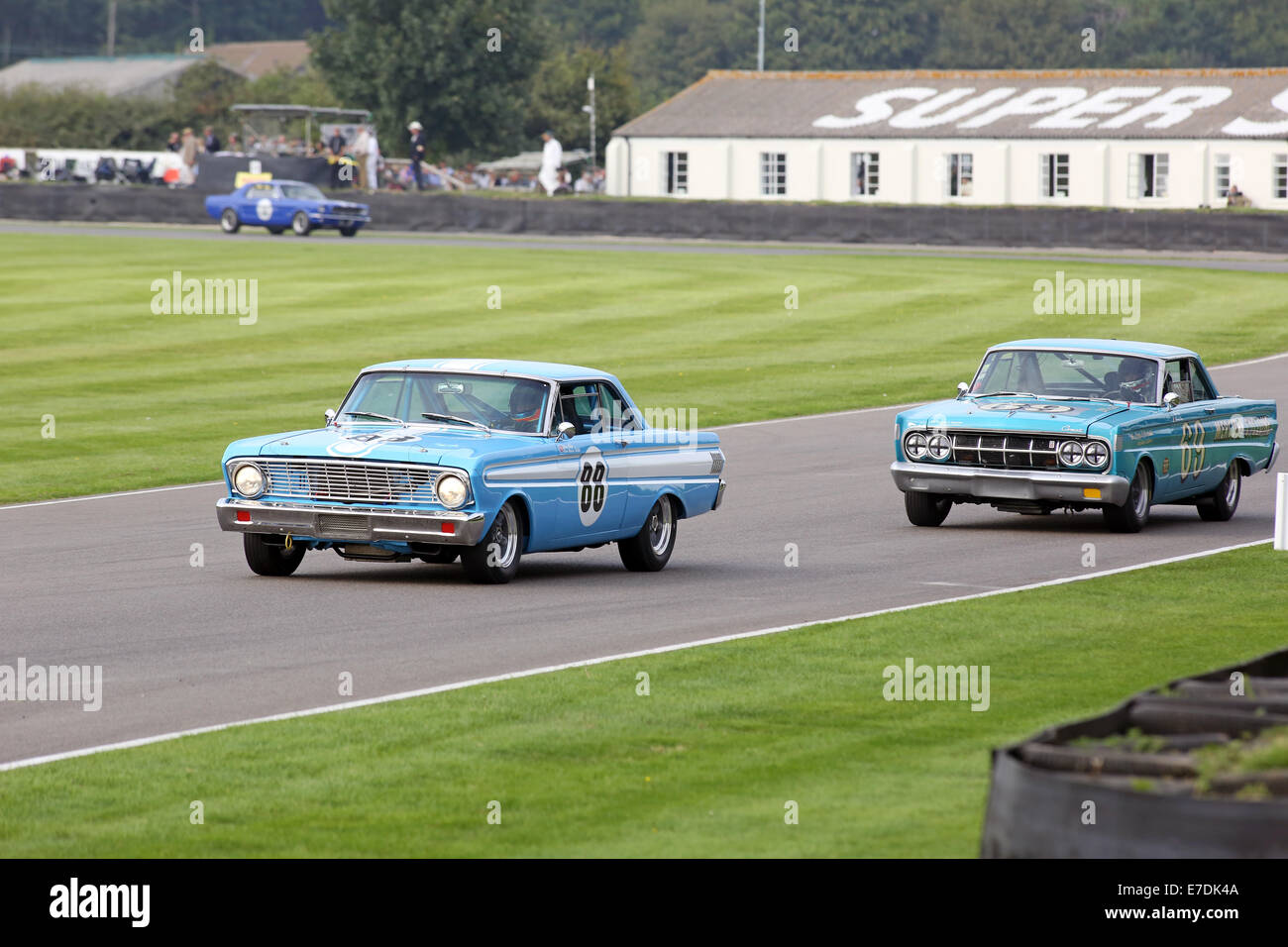 Chichester, West Sussex, UK. 13th Sep, 2014. Pictures from the Goodwood Revival 2014 - The Shelby Cup - A race for saloon cars powered by small-block V8 engines on the 60th anniversary of the small-block V8 engine. A large number of Ford Mustangs mariking the car's 50th anniversary took on other American classics such as Ford Falcon, Plymouth Barracuda, Mercury Comet Cyclone and Dodge Dart. Picture shows: a 1964 Ford Falcon Spirit Credit:  Oliver Dixon/Alamy Live News Stock Photo