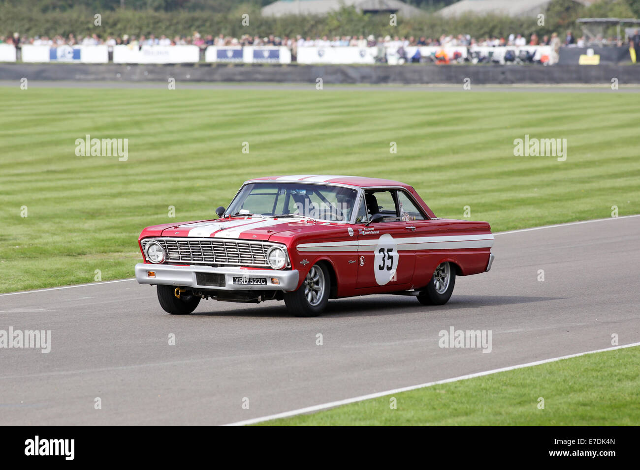 Chichester, West Sussex, UK. 13th Sep, 2014. Pictures from the Goodwood Revival 2014 - The Shelby Cup - A race for saloon cars powered by small-block V8 engines on the 60th anniversary of the small-block V8 engine. A large number of Ford Mustangs mariking the car's 50th anniversary took on other American classics such as Ford Falcon, Plymouth Barracuda, Mercury Comet Cyclone and Dodge Dart. Picture shows: a 1964 Ford Falcon Spirit driven by Paul Clayson Credit:  Oliver Dixon/Alamy Live News Stock Photo