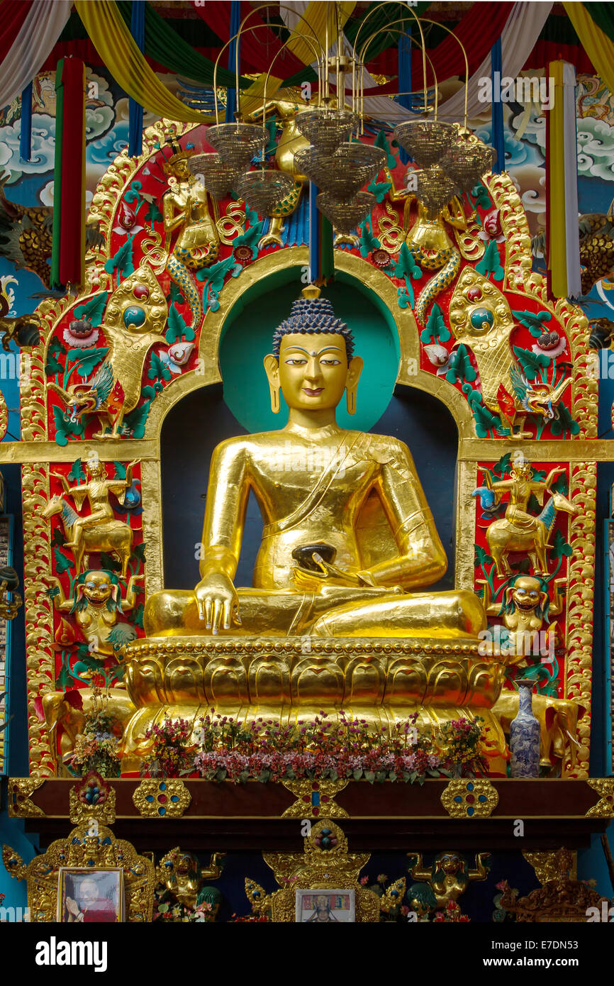 Golden temple in the Namdroling Monastery in Bylakuppe, Karnataka, India Stock Photo