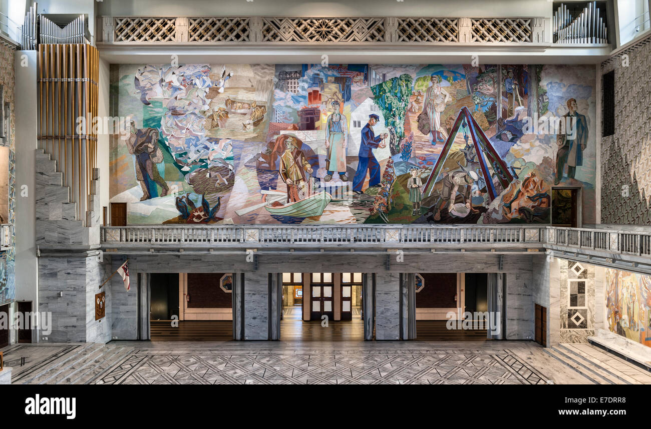 The 1930s Oslo City Hall (Radhus), Norway. The Grand Hall (Radhushallen ...